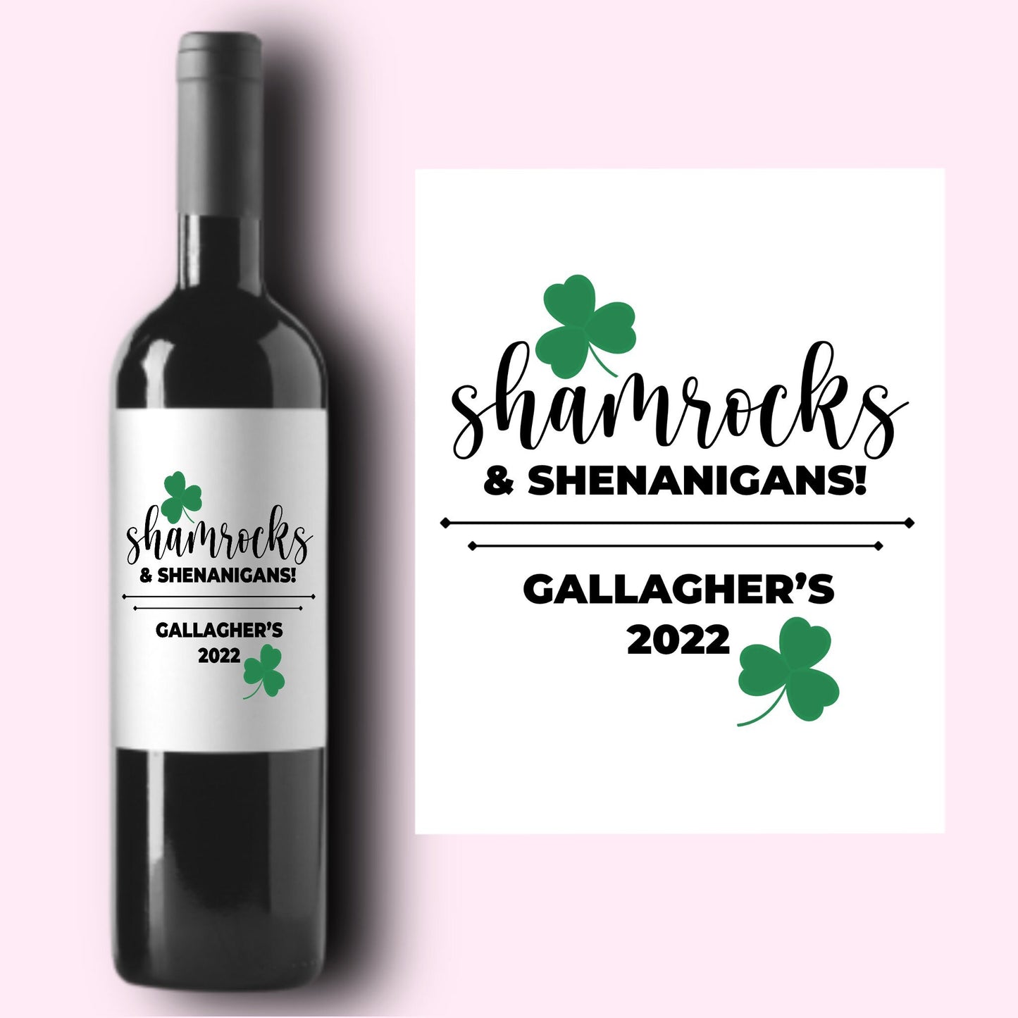 St Patrick's Day Wine Label * Custom Wine Labels * Saint Patty's Day * Paddy * Shamrocks * Liquor Label * Holiday Gift * Luck of the Irish *