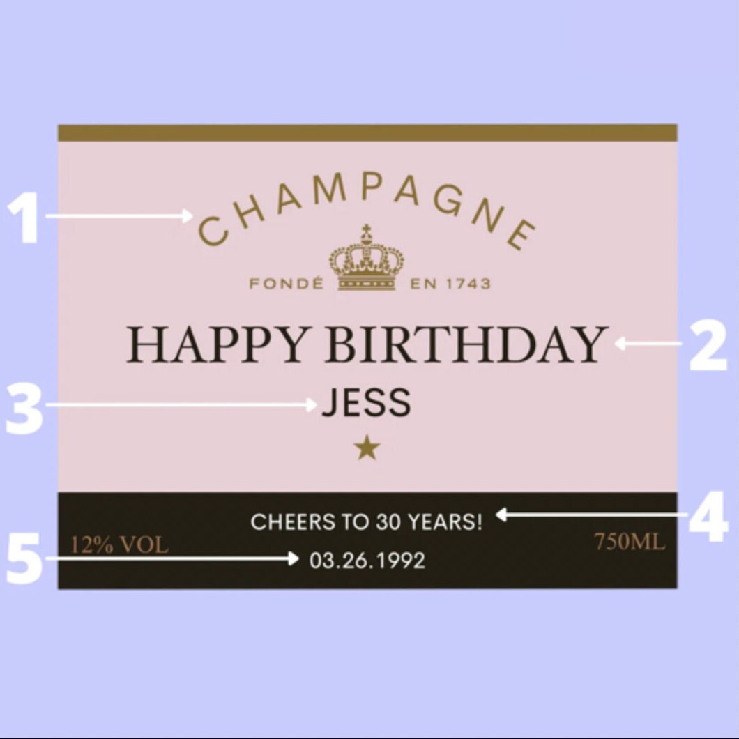 Birthday Champagne Label * Personalized Happy Birthday * Liquor Bottle Label * Gift For Her * Funny Cute Gift Ideas * Custom * FORTY * 30th