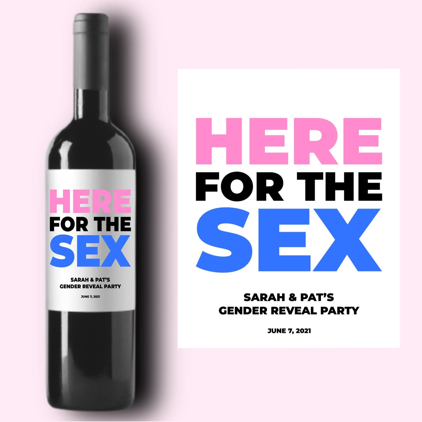 Gender Reveal Wine Label * Baby Announcement * Pregnancy Gift * Here For The Sex * Ready To Pop Baby Shower Favors * Pregnancy Announcement