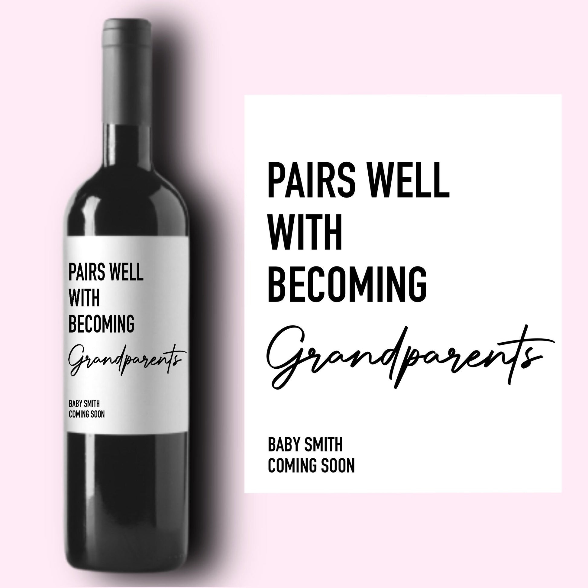 Baby Announcement Wine Labels, Personalized Pregnancy Announcement Gift, Pairs Well With Being Grandparents, Gift for Aunt, Uncle, New Baby